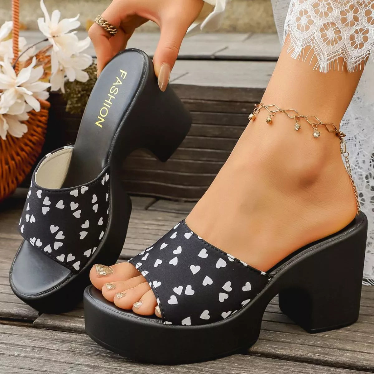 Heart Print Block Heel Platform Sandals Cute Mid Heel Mules