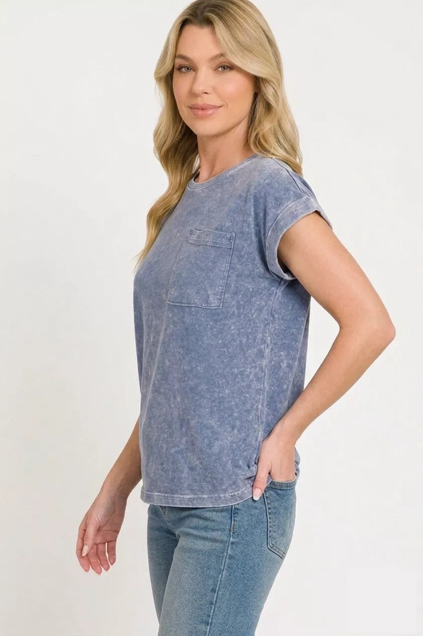 Navy Snow Washed Cuffed Sleeve Pocket Tee