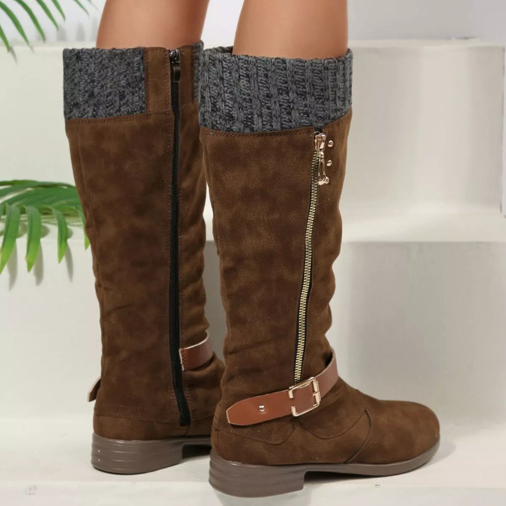 Women Black Suede Mid-Calf Boots with Knit Cuff and Buckle Detail