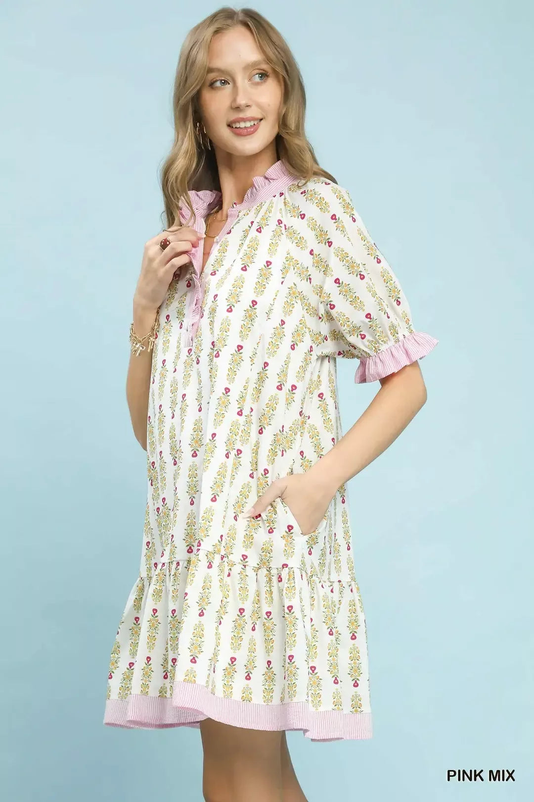 Floral Print Mini Dress with Striped Trim and Ruffle Details