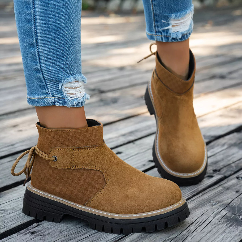 Women's Black Round Toe Platform Suede Boots with Check Detail