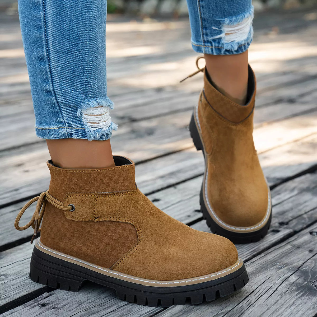Women's Black Round Toe Platform Suede Boots with Check Detail