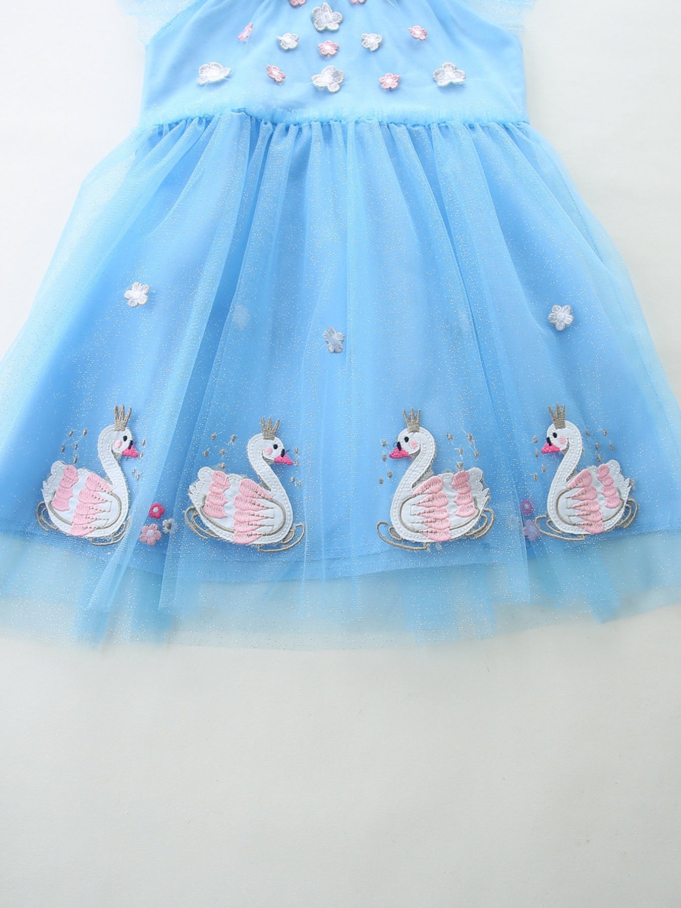 Girls Blue Swan Embroidered Tulle Party Dress