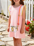 Girls Pink Ruffled Cartoon Bag Print Cotton Dress for Playtime