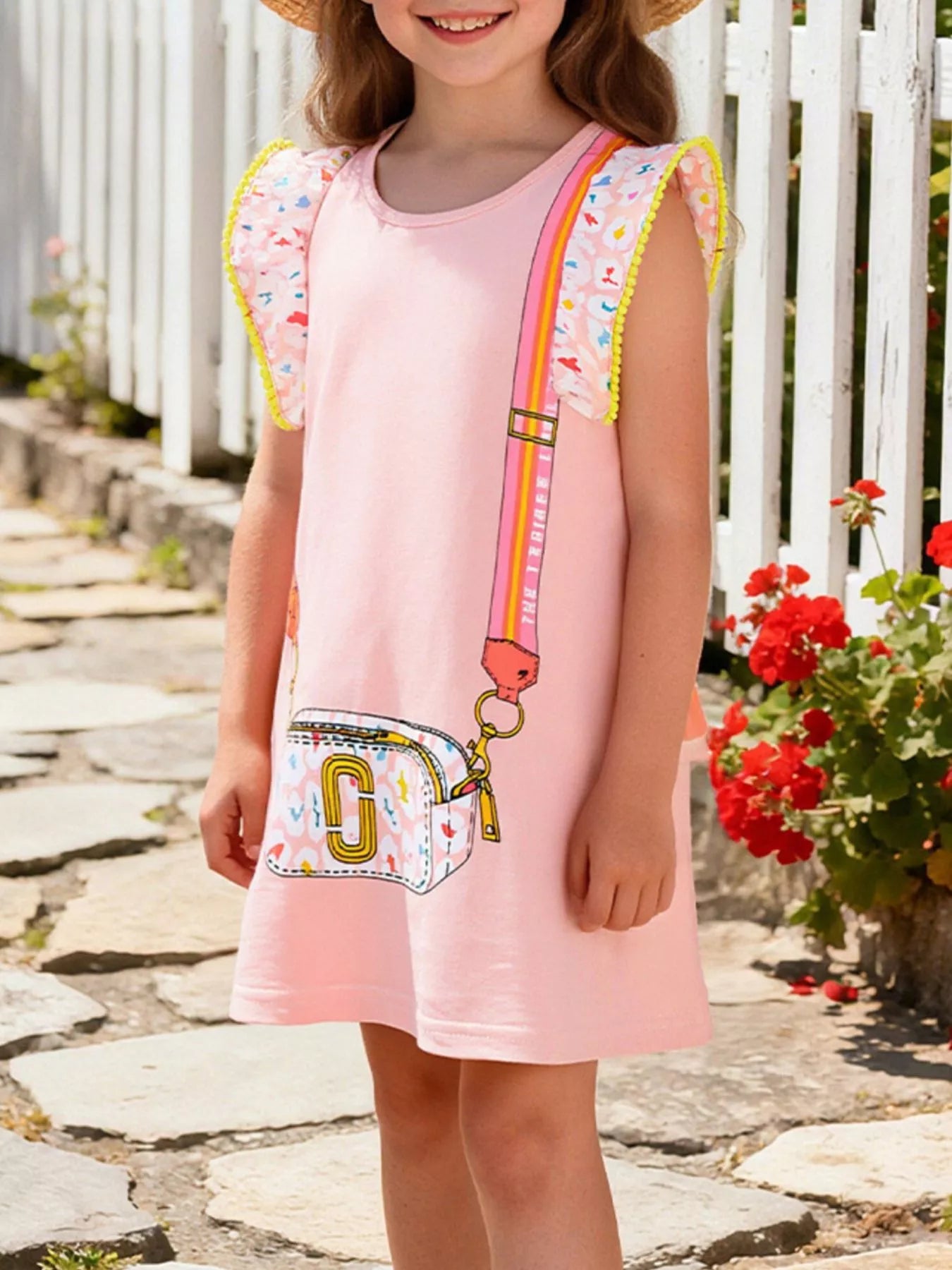 Girls Pink Ruffled Cartoon Bag Print Cotton Dress for Playtime