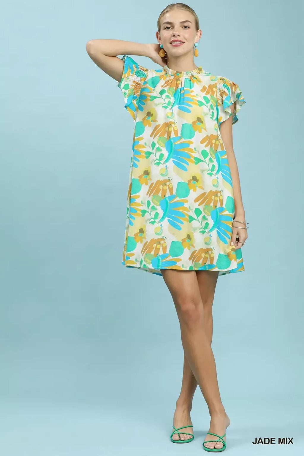 Jade Mix Ruffled Botanical Mini Dress with Flutter Sleeves
