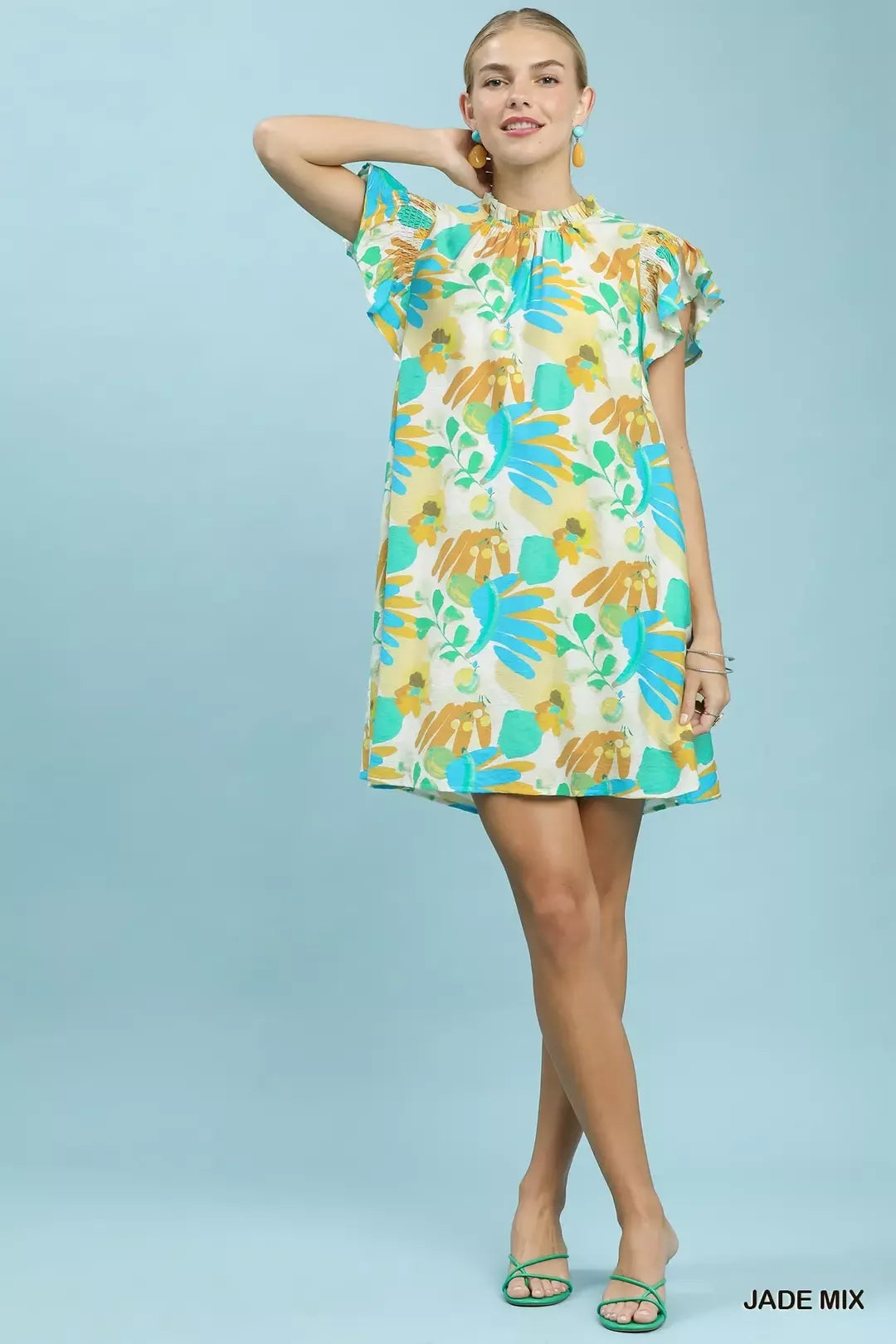 Jade Mix Ruffled Botanical Mini Dress with Flutter Sleeves