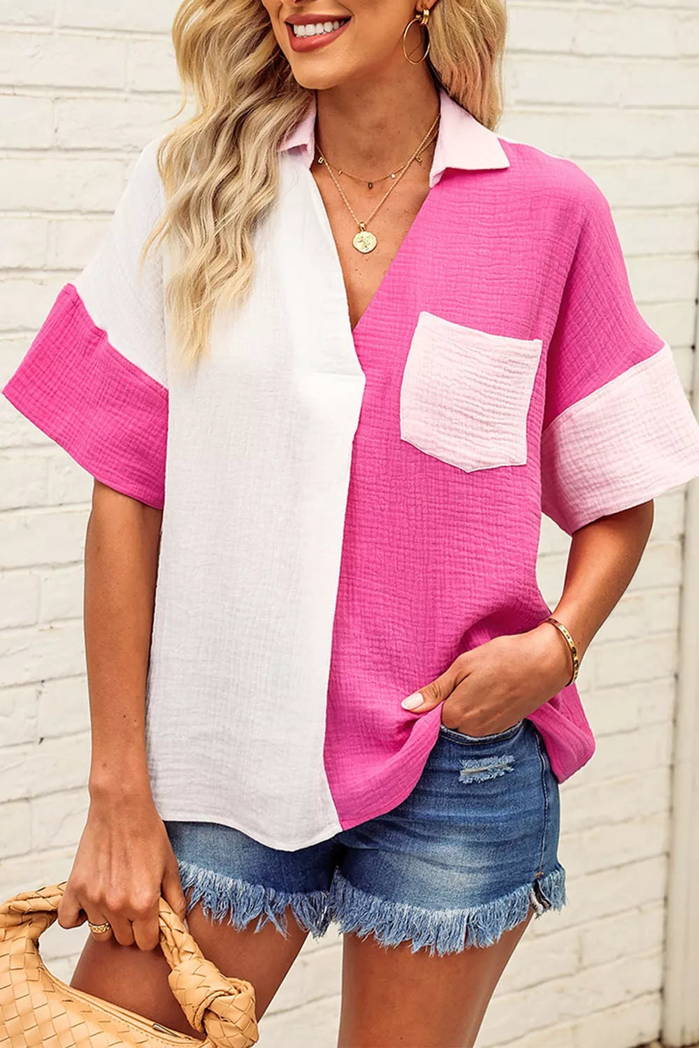 Color Block Casual Cotton Button Down Shirt in Pink and White