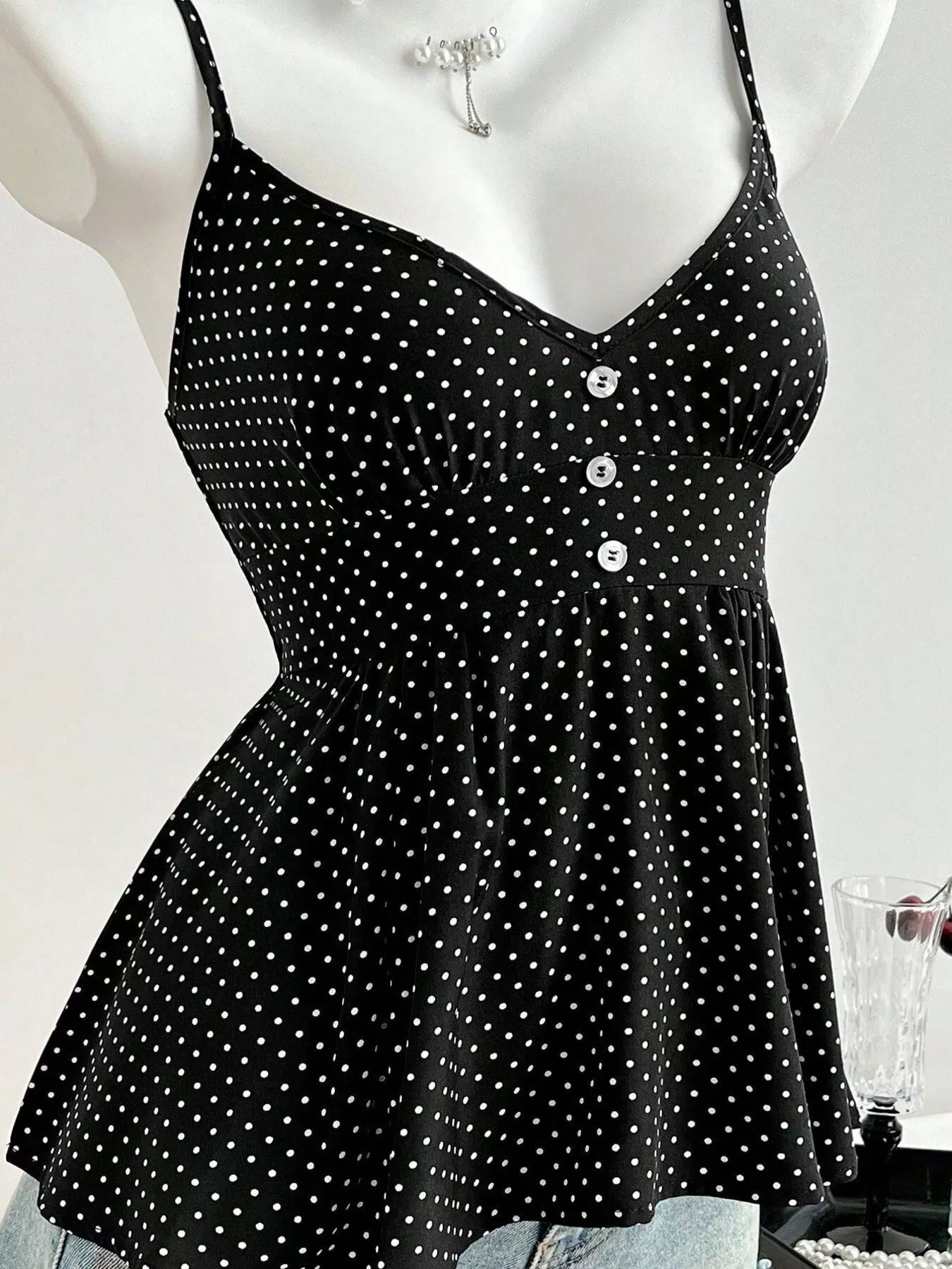 Black Polka Dot V-Neck Peplum Cami Tank Top