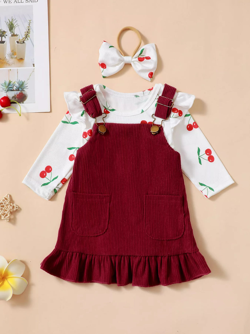 Wine Red Cherry Print Bodysuit & Corduroy Dress Set