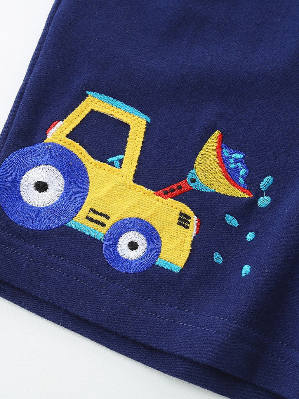 Boys Navy Construction Vehicle Embroidered Shorts with Drawstring