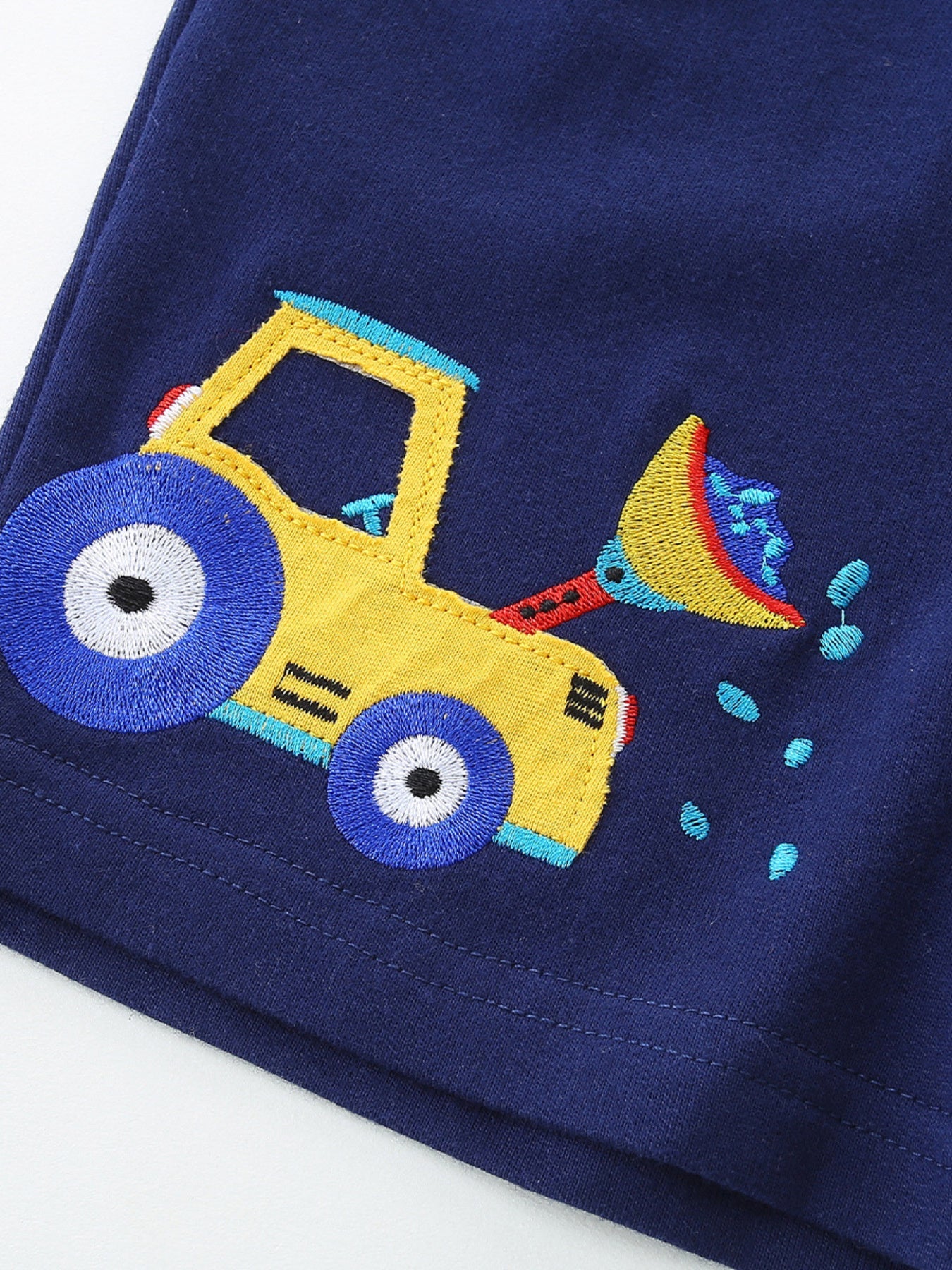 Boys Navy Construction Vehicle Embroidered Shorts with Drawstring