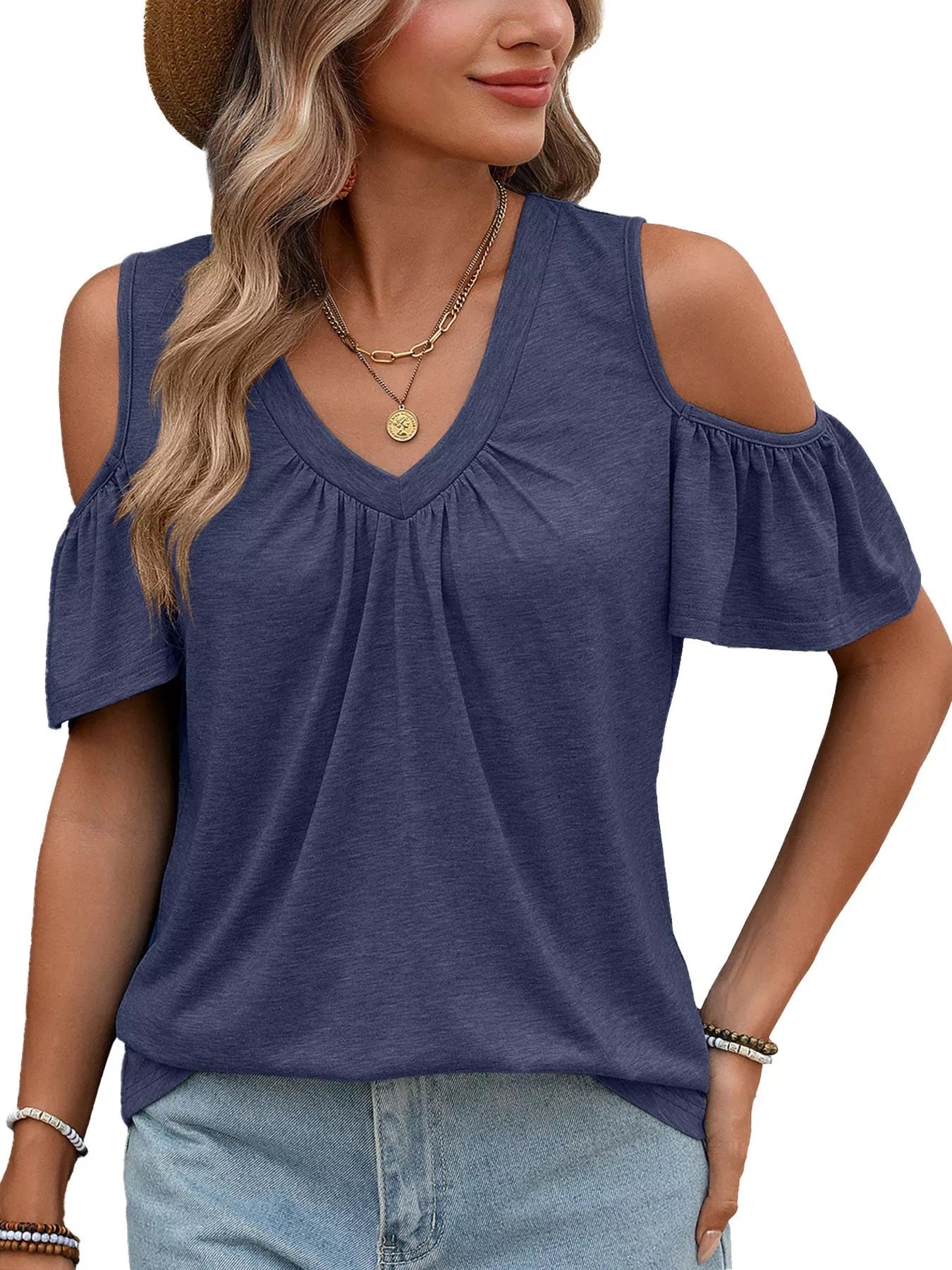 Cold Shoulder V-Neck T-Shirt