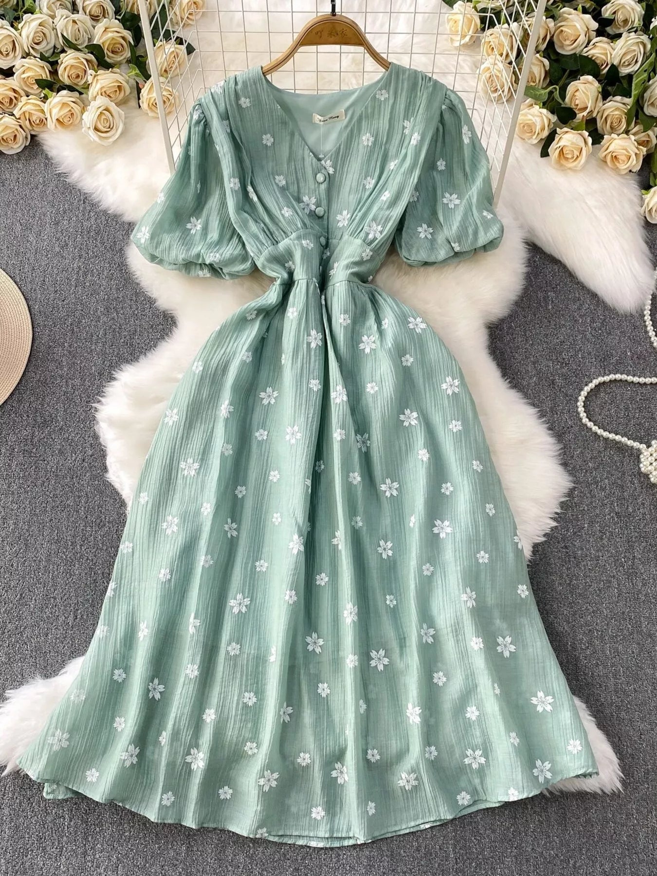 Floral Puff Sleeve A-Line Midi Dress