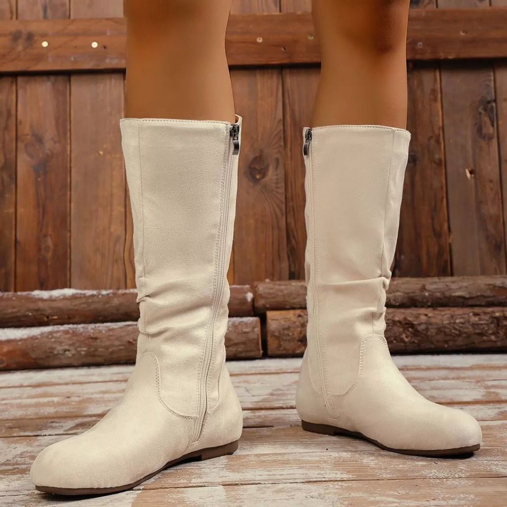 Women's Round Toe Side Zip Suede Mid-Calf Boots