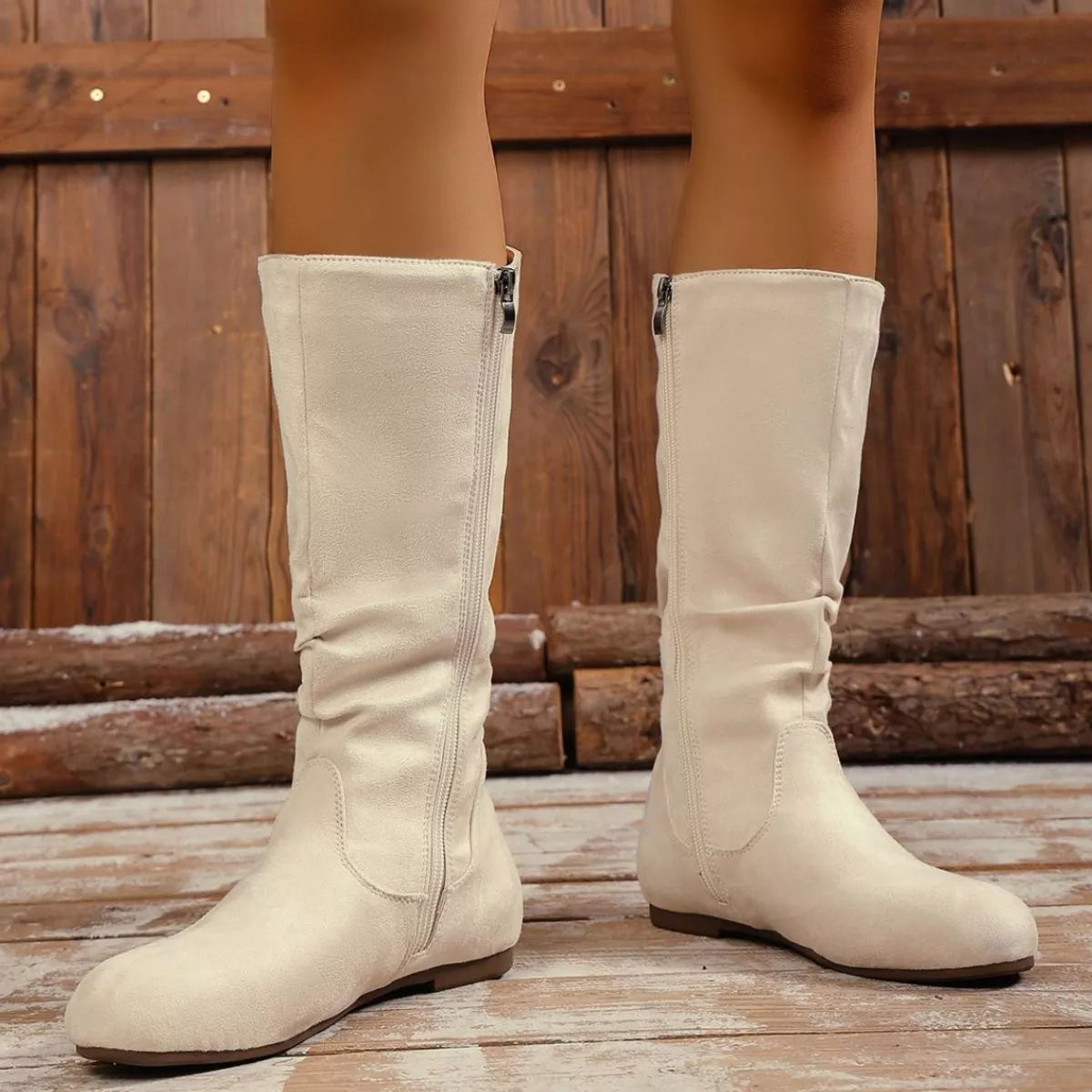 Women's Round Toe Side Zip Suede Mid-Calf Boots