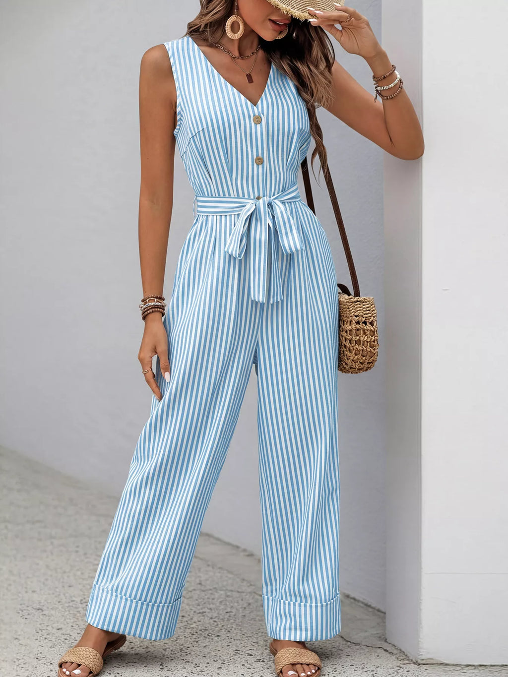Striped V-Neck Wide Leg Jumpsuit with Tie Waist and Pockets