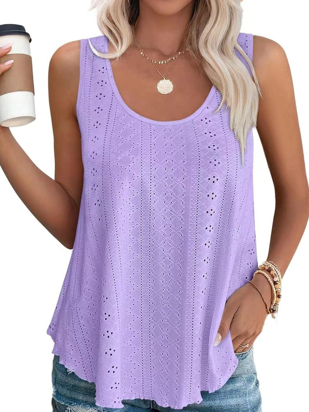 Women's Lavender Eyelet Scoop Neck Tank Top Sleeveless Shirt