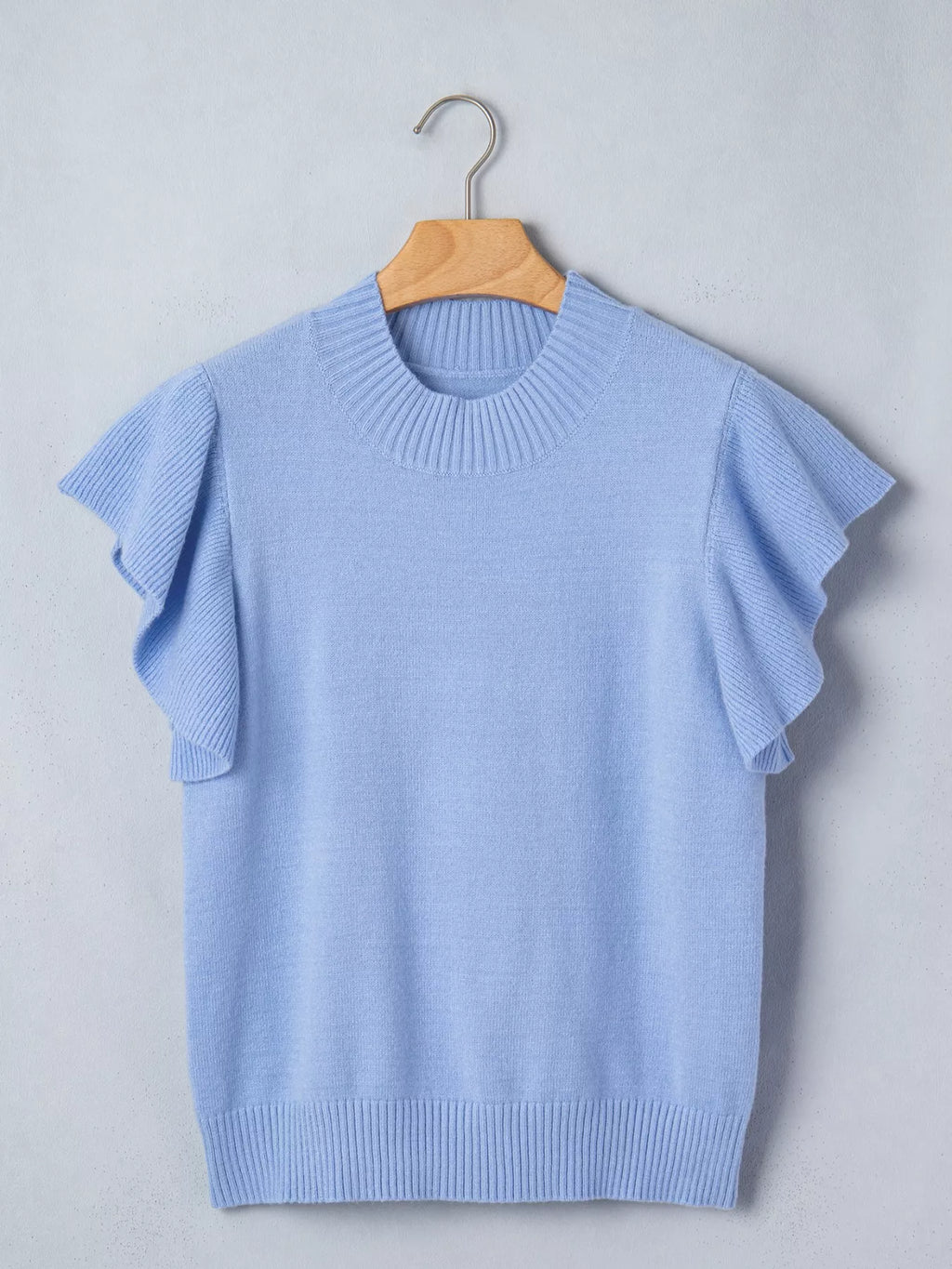 Blue Ribbed Knit Short Sleeve Sweater with Ruffle Trim
