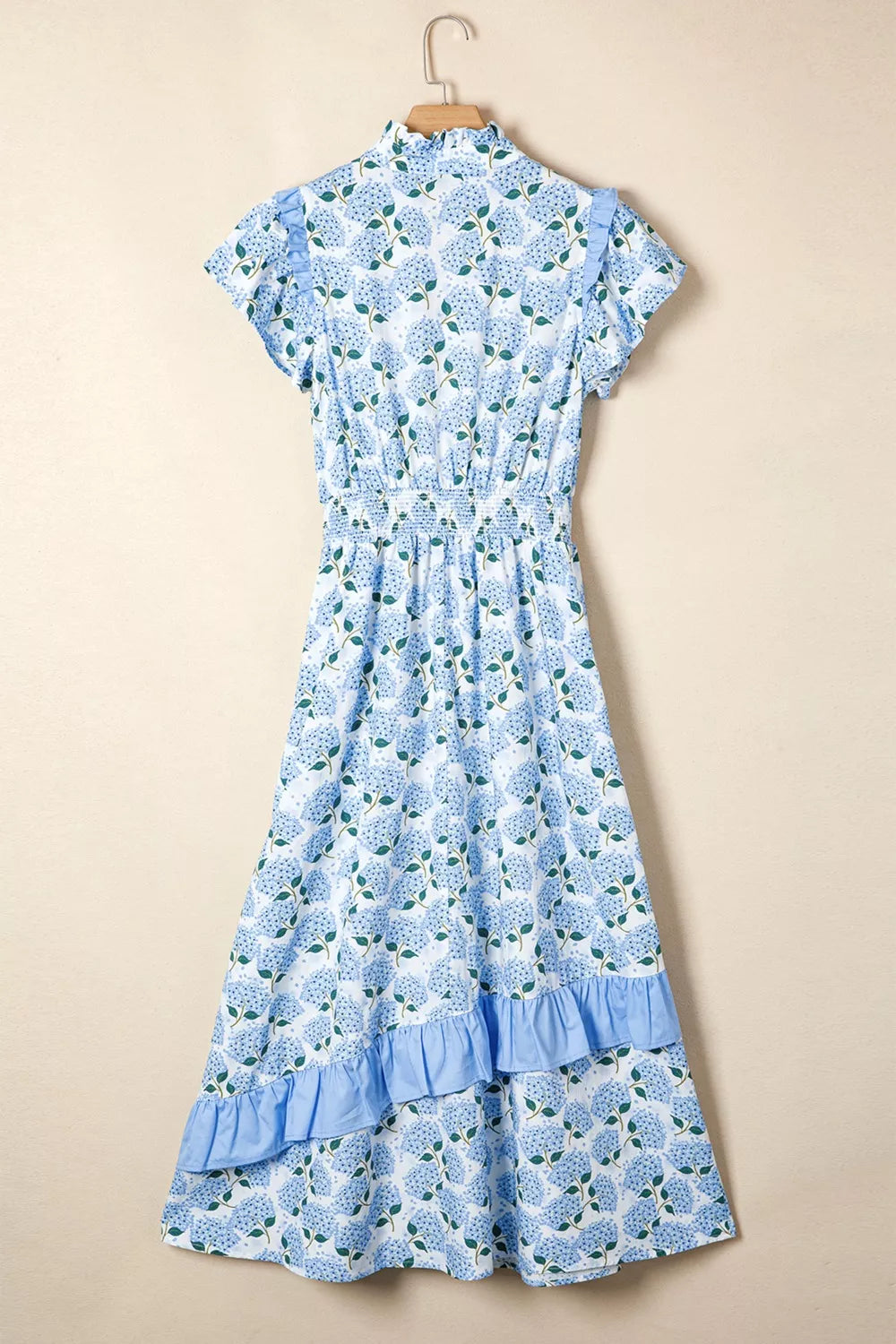 Blue Hydrangea Floral Print Flutter Sleeve Midi Ruffle Dress