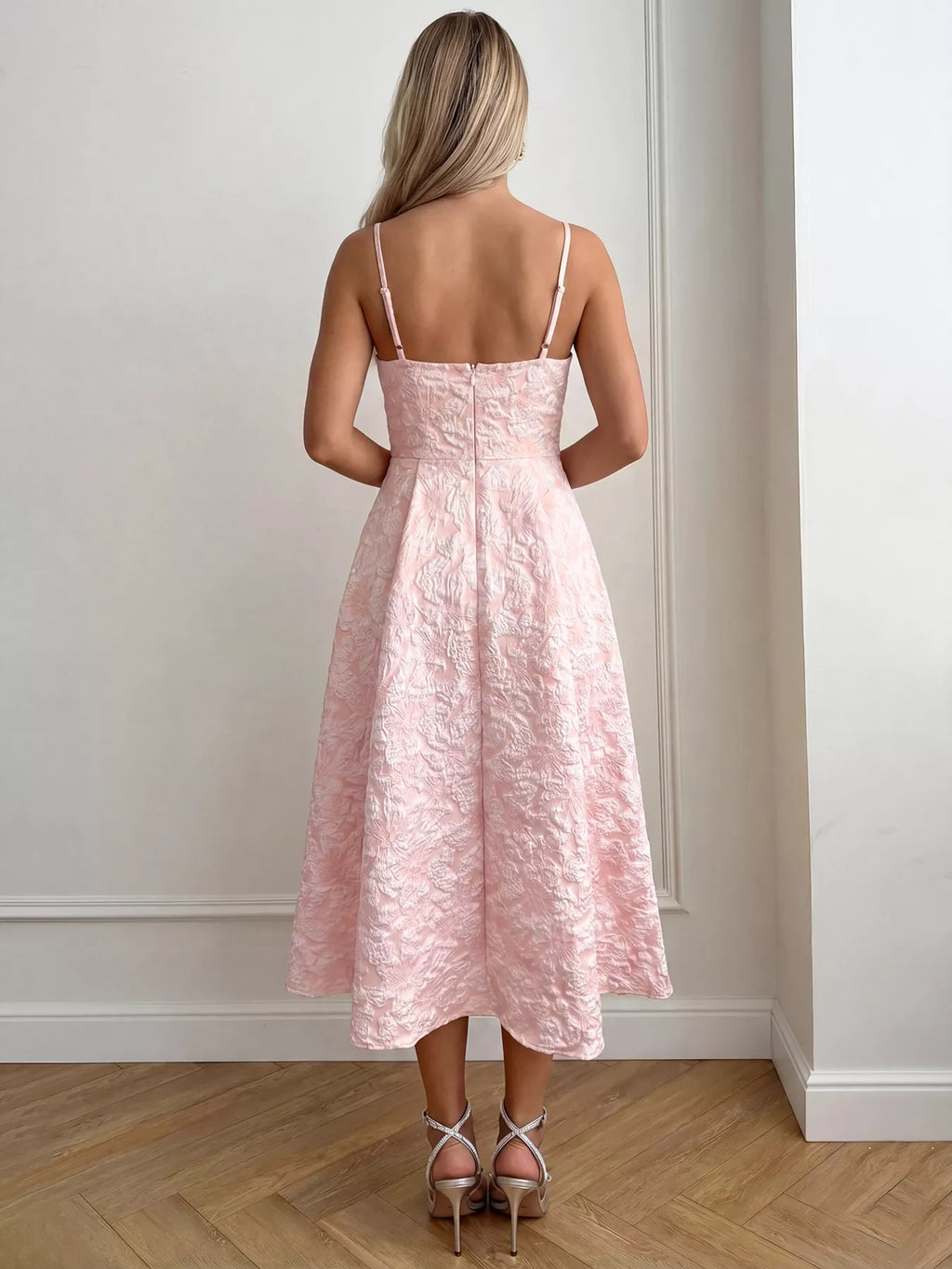 Pink Textured A-Line Midi Dress Sleeveless Formal Party
