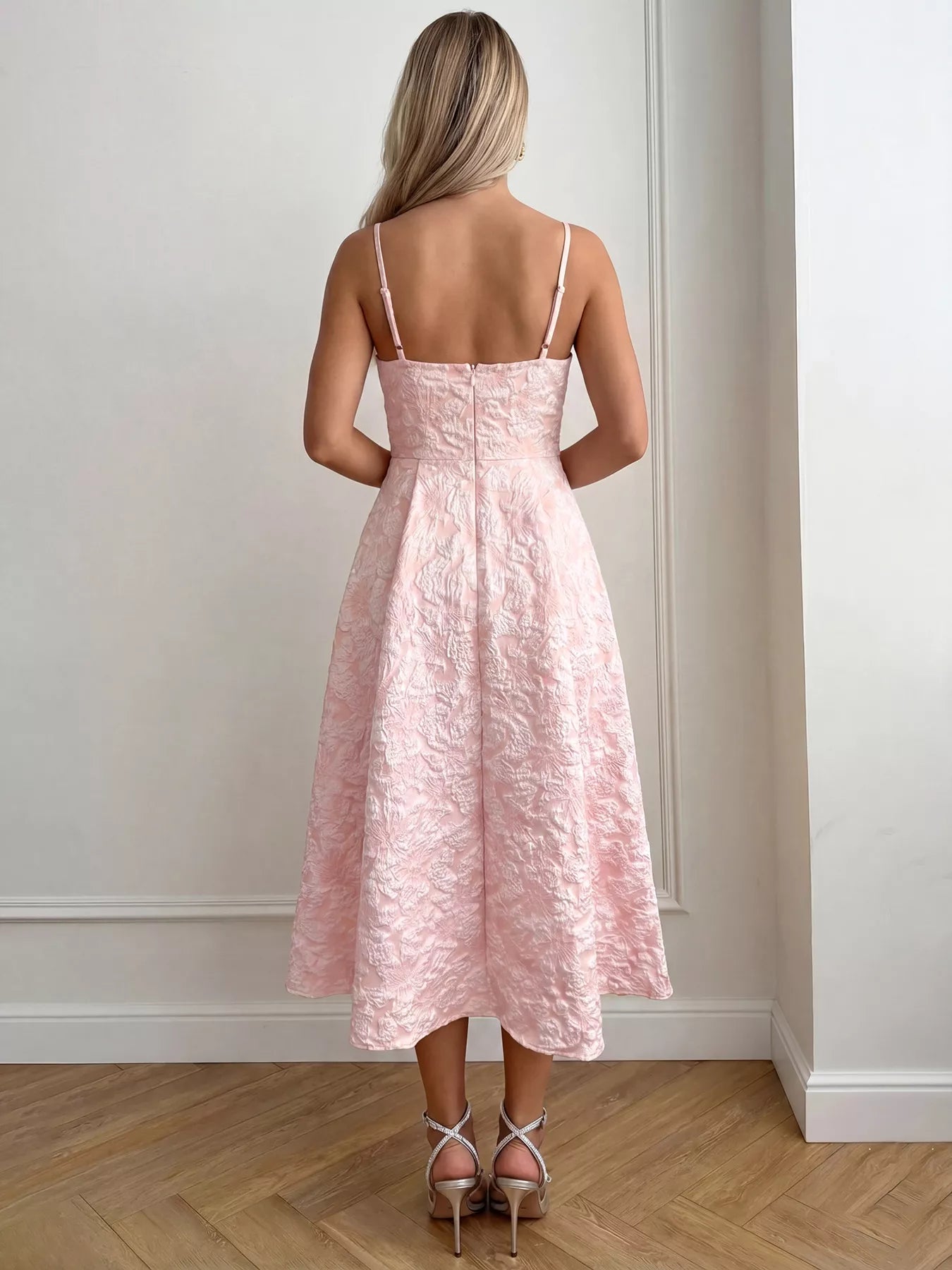 Pink Textured A-Line Midi Dress Sleeveless Formal Party