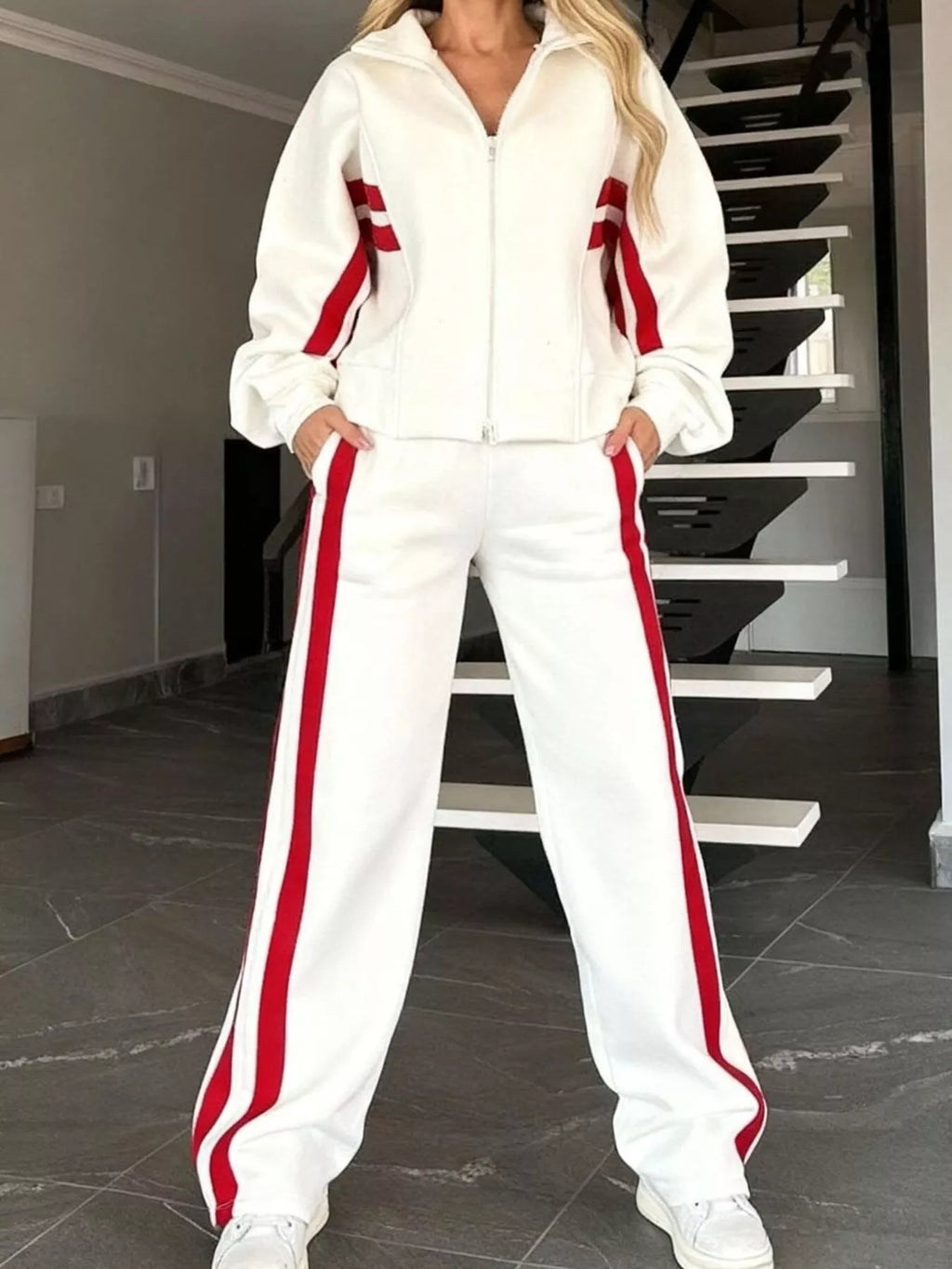 Women White Red Striped Zip Up Track Jacket and Pants Set