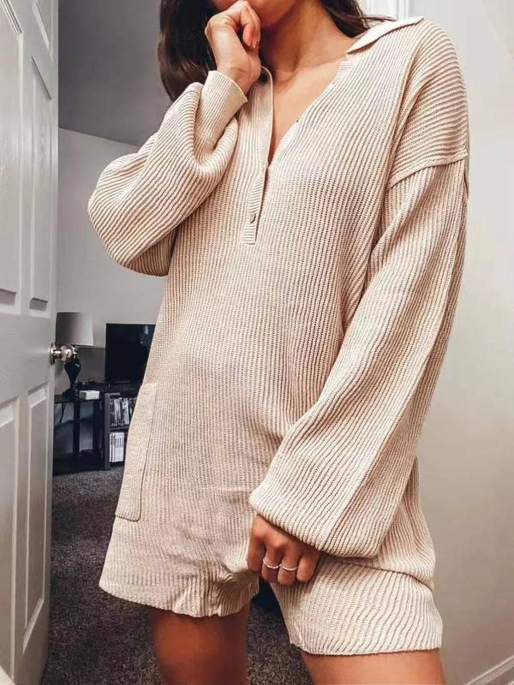 Women's Ribbed Knit Long Sleeve Romper with Pockets