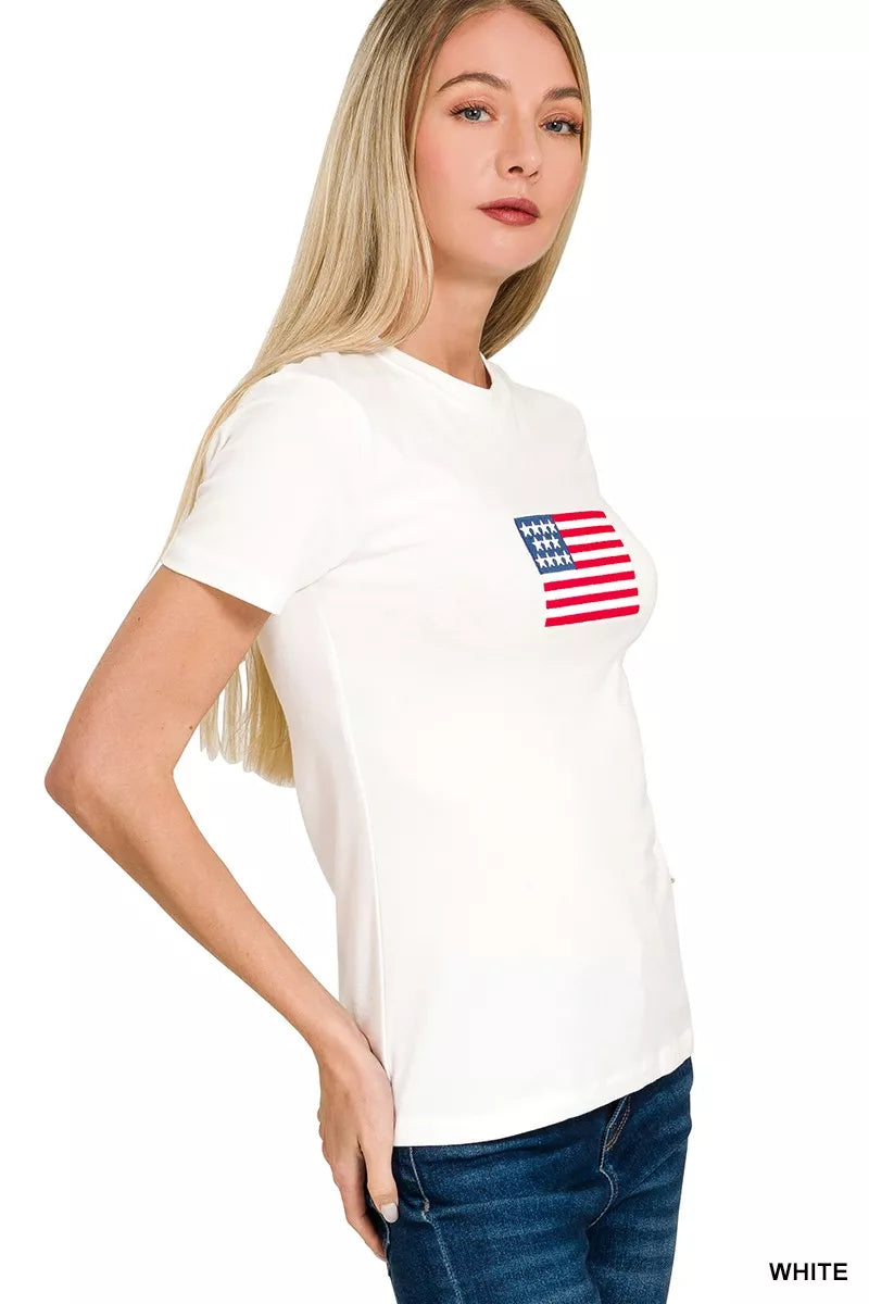 Women's White Patriotic American Flag Graphic Crew Neck T-Shirt