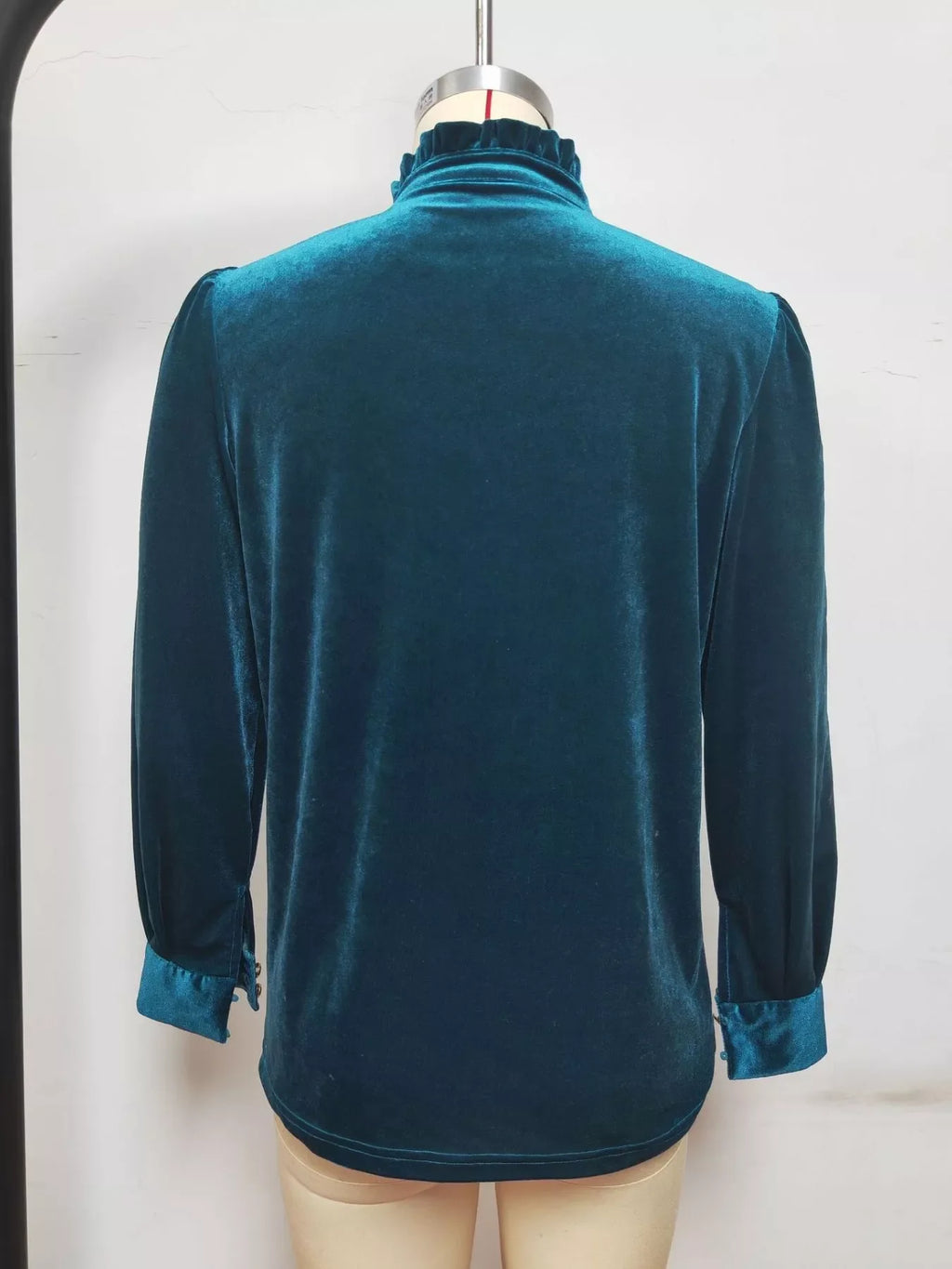 Women Red Velvet Long Sleeve Blouse with Ruffle Neckline