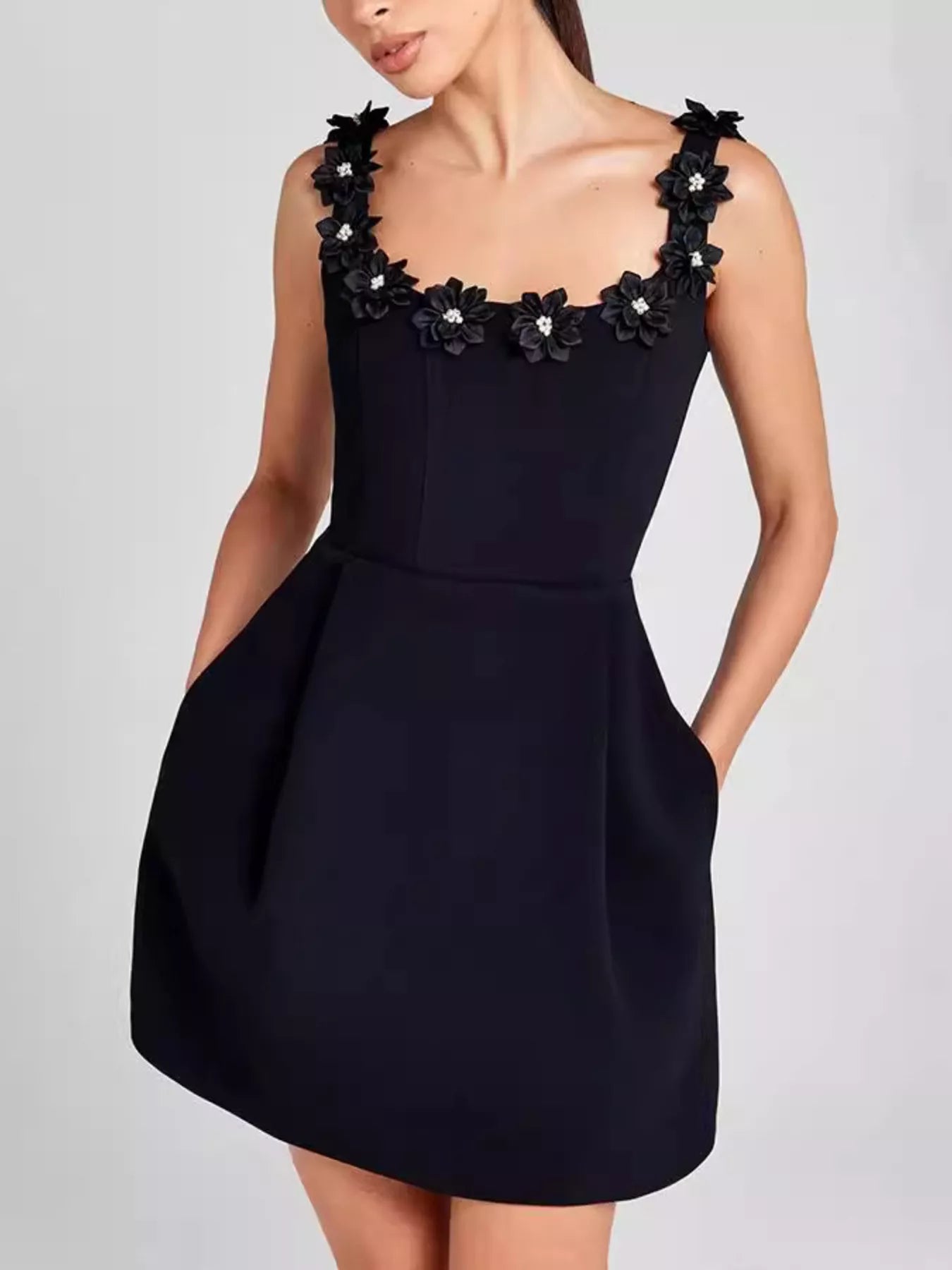Floral Embellished Sleeveless Black Mini Dress with Pockets