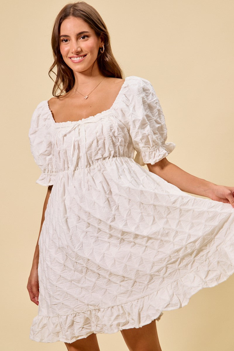 White Ruched Square Neck Mini Dress