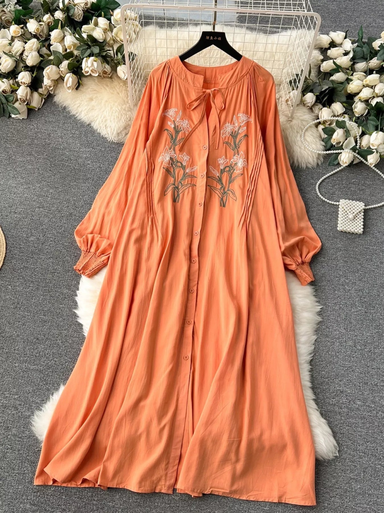 Floral Button Front Long Sleeve Dress