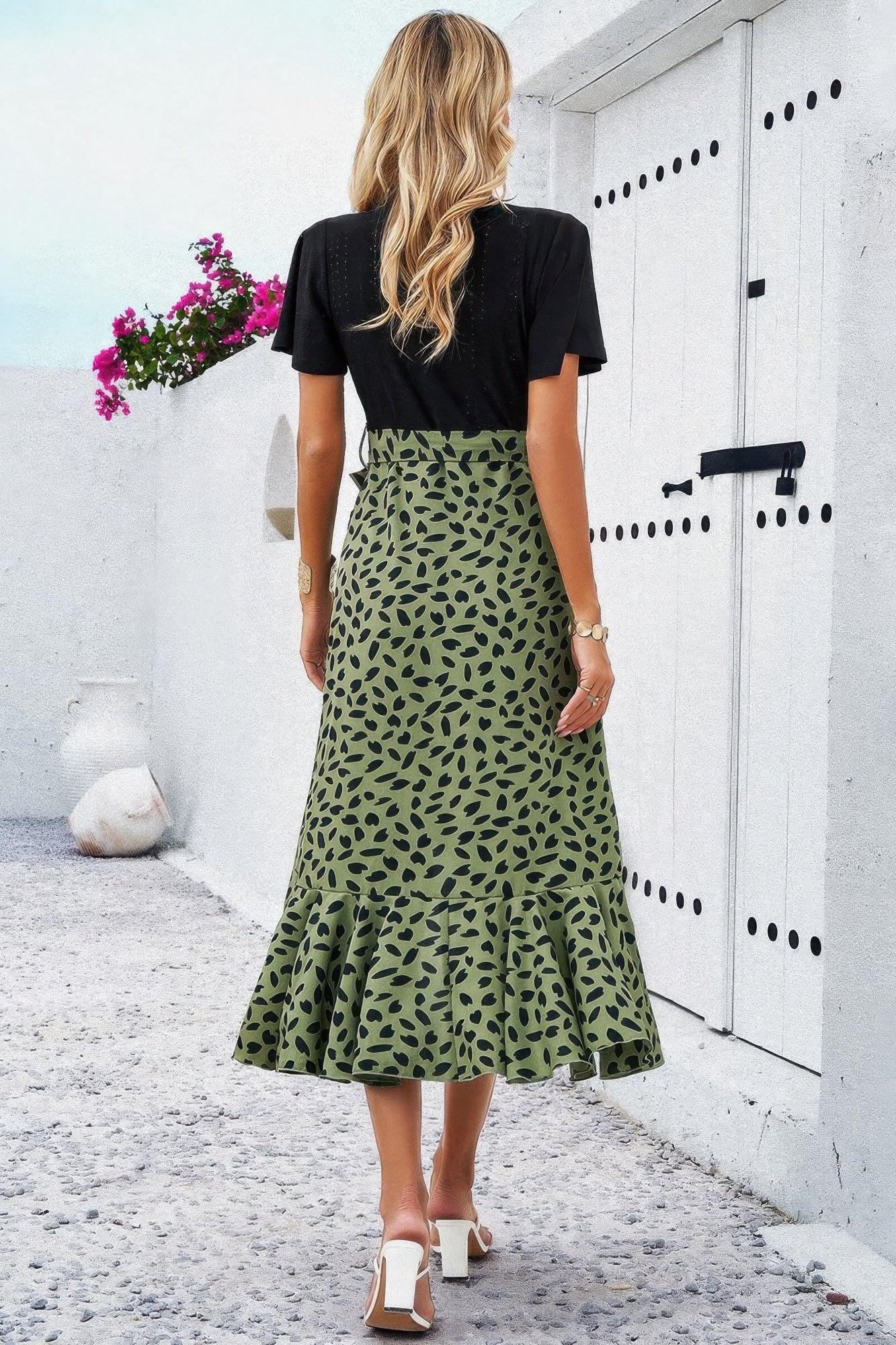 Cross Color Block Lace V Neck Belt Print Dress