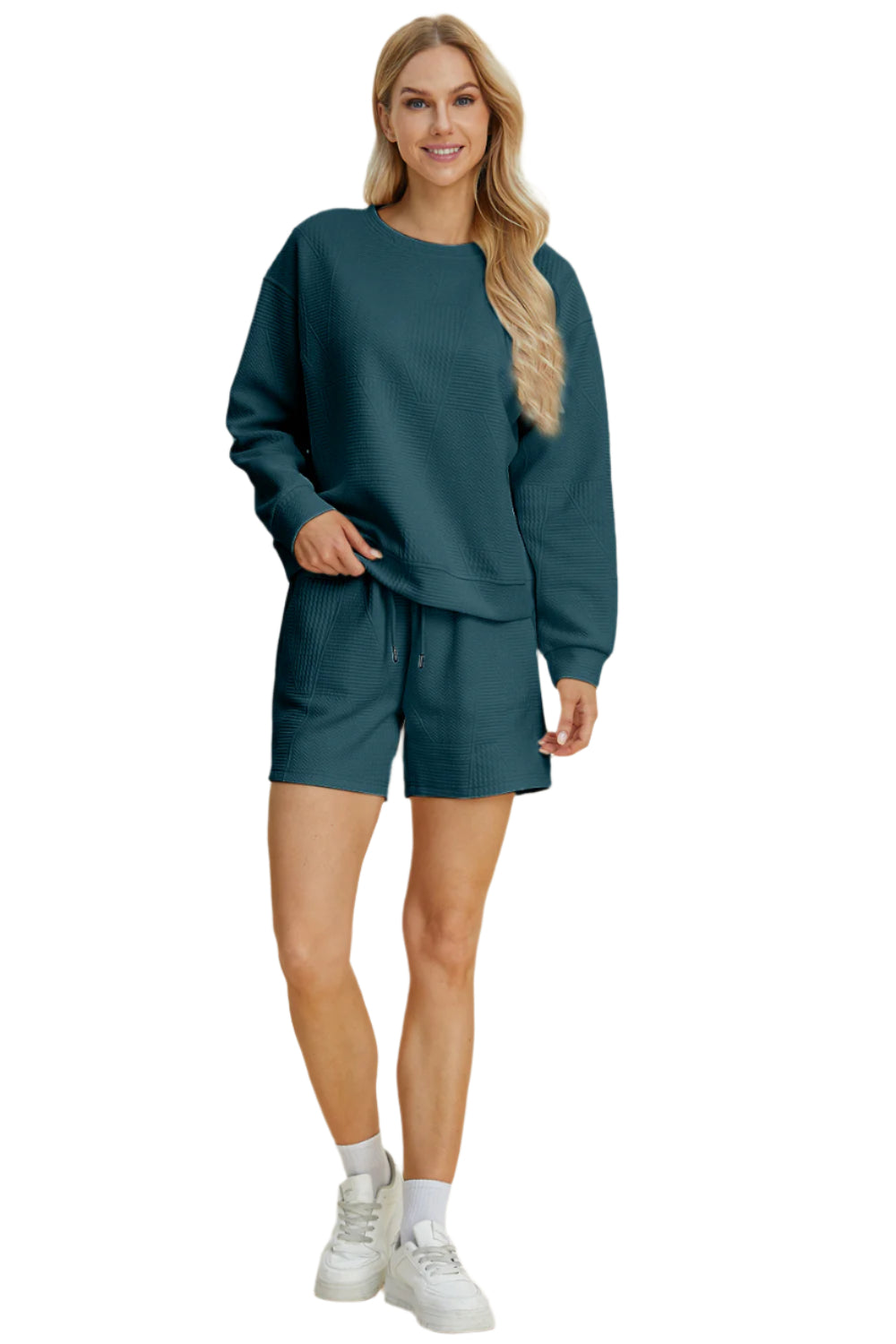 Size Small Blue Textured Long Sleeve Top and Shorts Set
