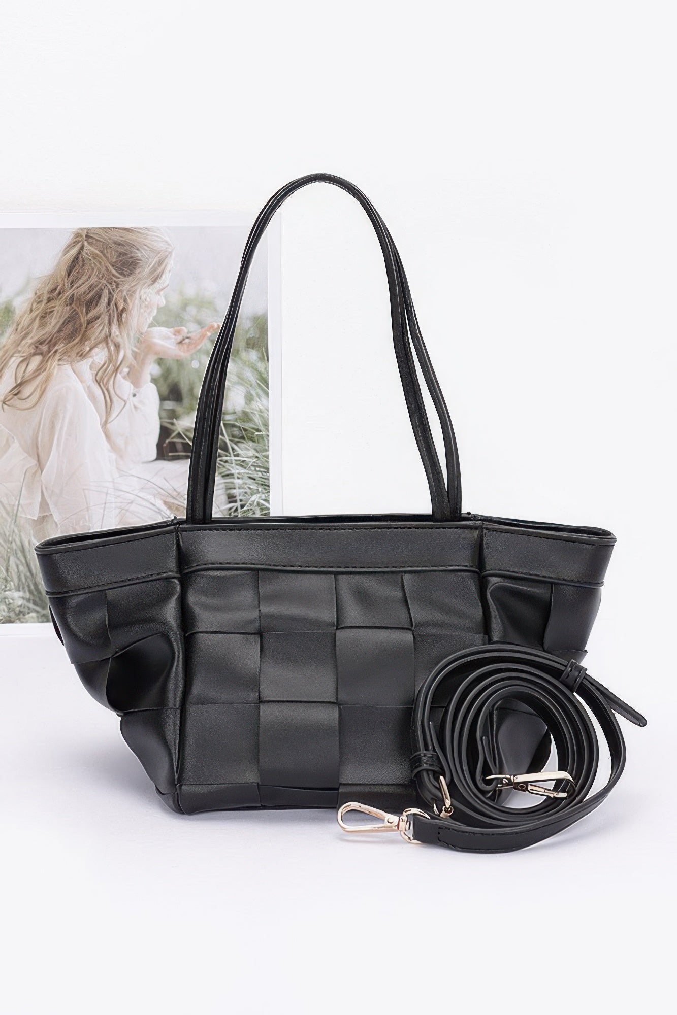 Faux Leather Braided Tote Bag