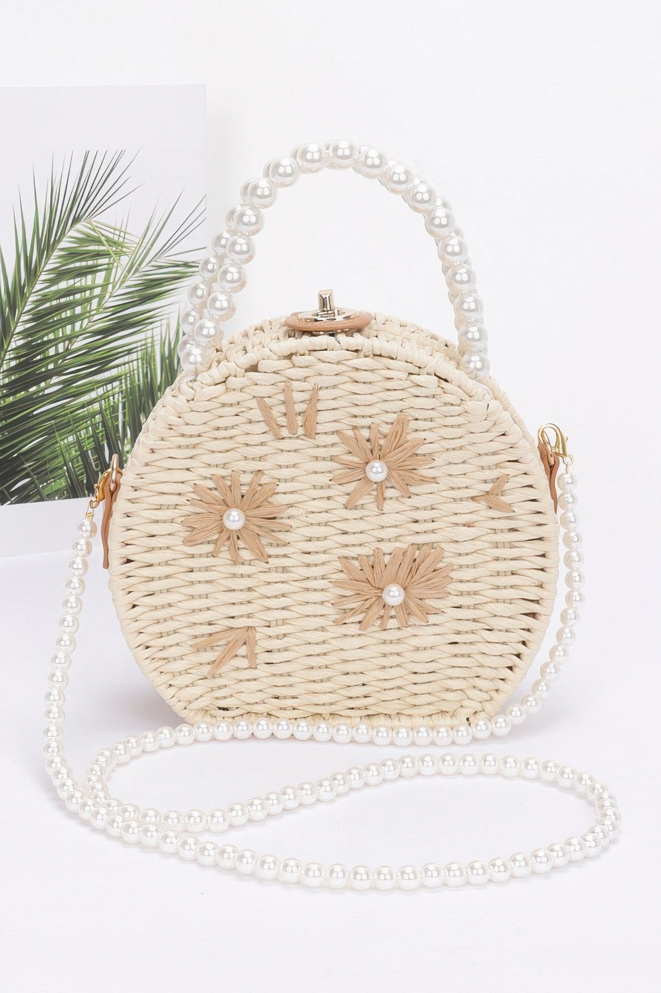 Faux Straw Handmade Clutch W/pearl Handle