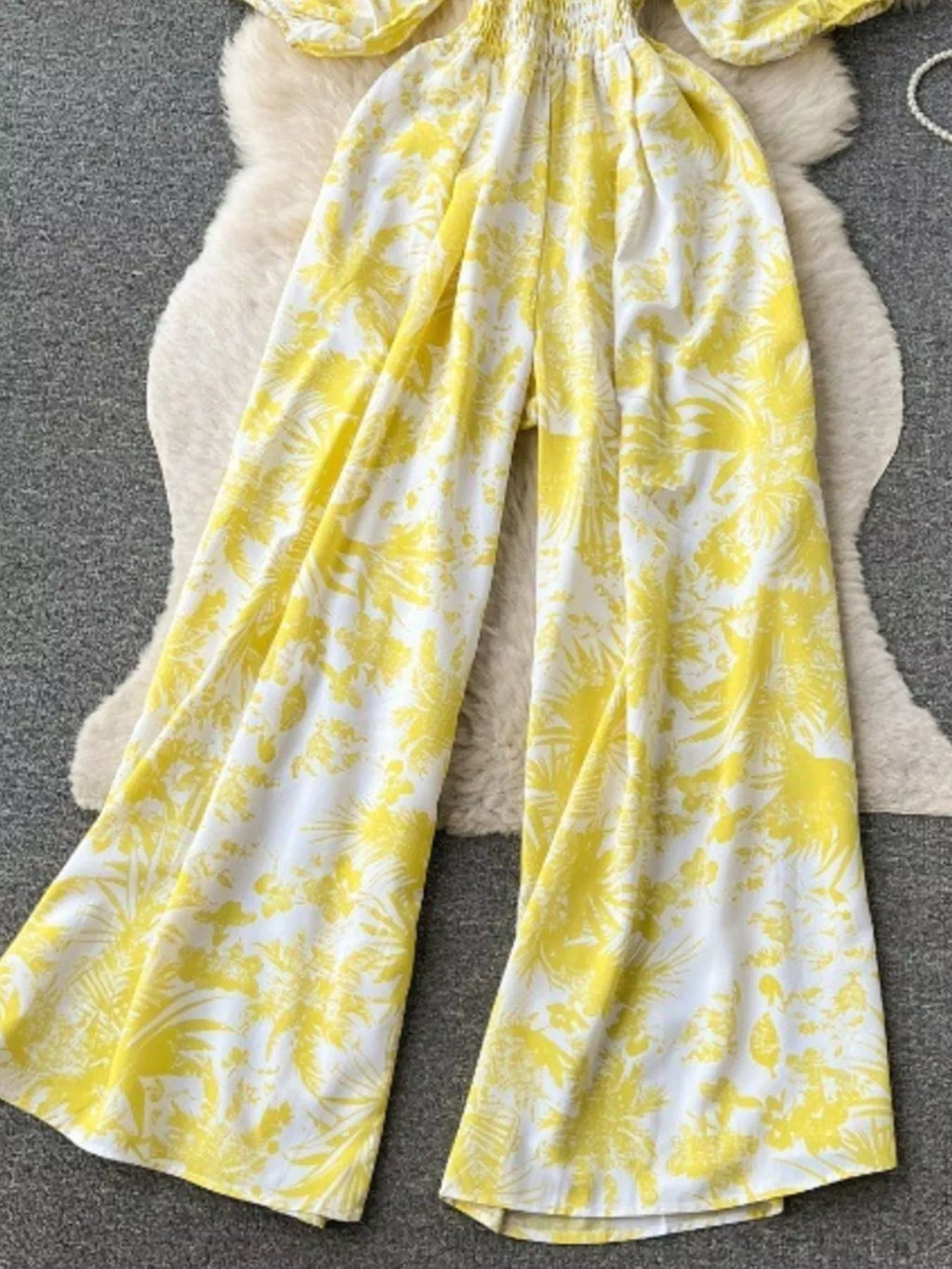 Yellow Floral Print Smocked V-Neck Wide Leg Jumpsuit