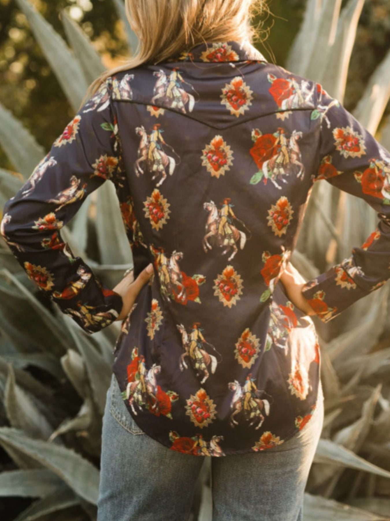 Women's Western Rodeo Print Long Sleeve Button-Up Shirt