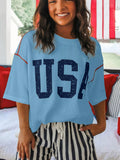 Light Blue USA Graphic Ribbed Knit Short Sleeve T-Shirt