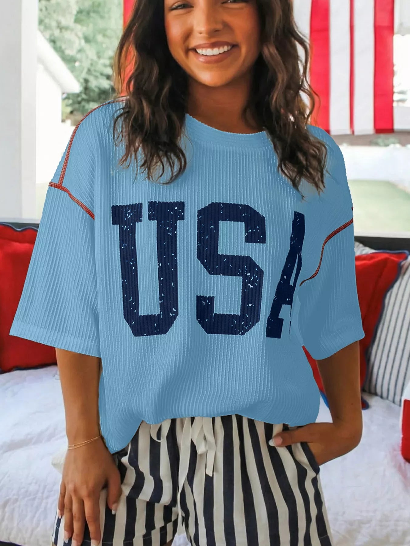 Light Blue USA Graphic Ribbed Knit Short Sleeve T-Shirt