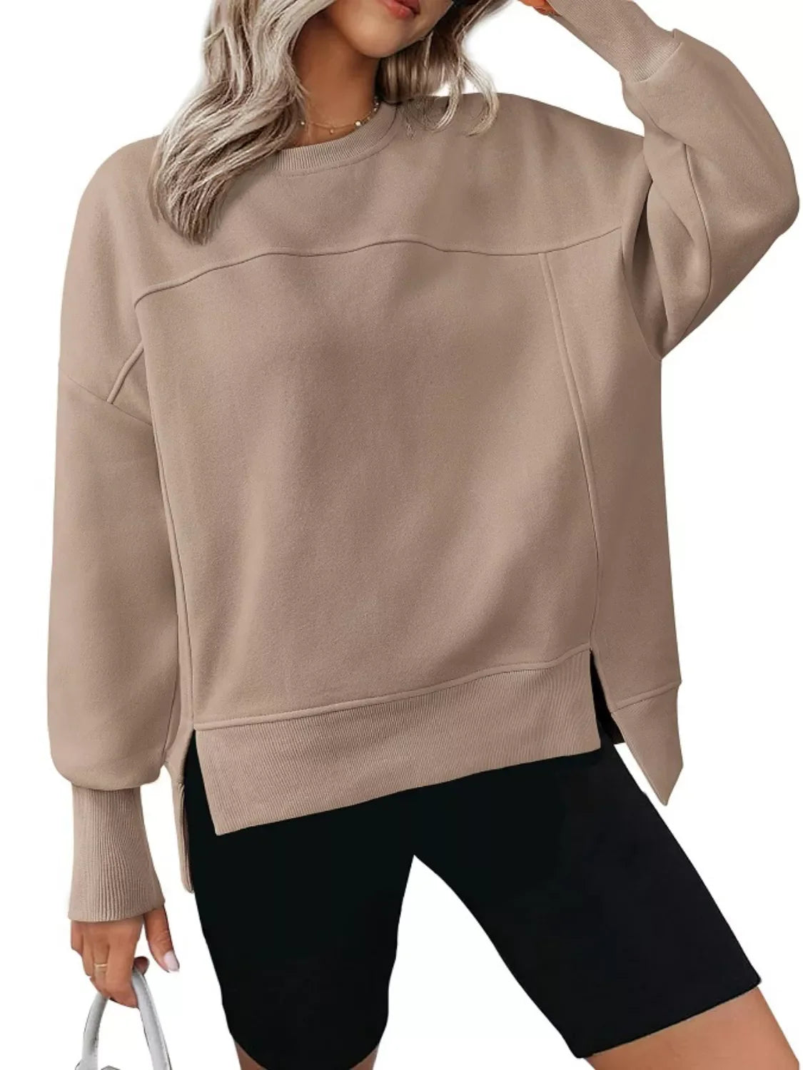 Women's Blue Side Slit Pullover Sweatshirt Long Sleeve Top