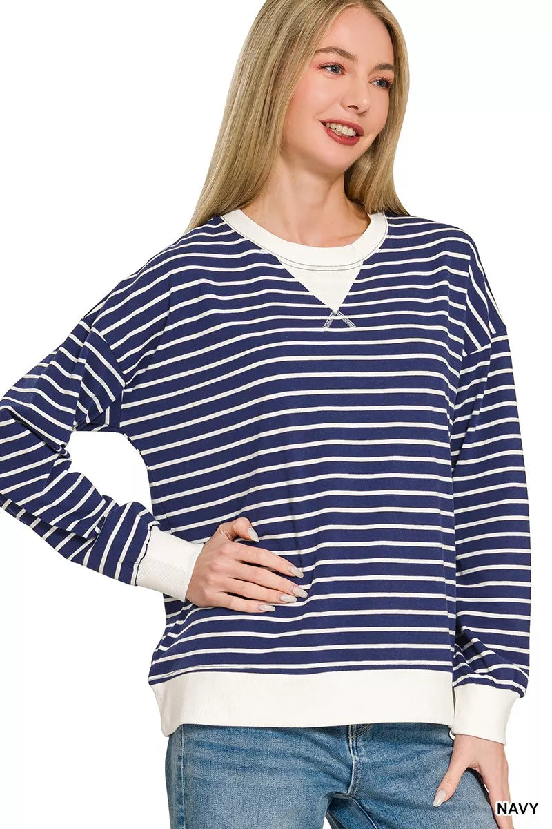 Zenana Contrast Striped Sweatshirt - Crew Neck