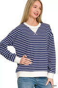 Zenana Contrast Striped Sweatshirt - Crew Neck