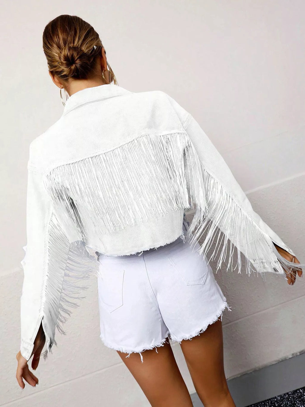 White Fringed Cropped Denim Jacket with Distressed Details