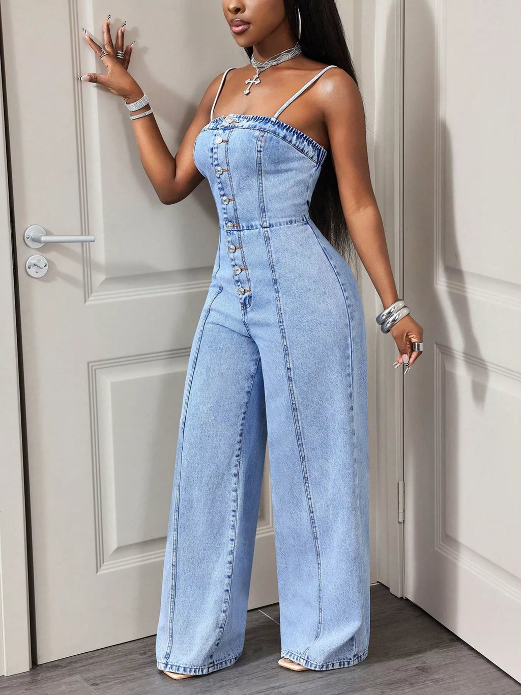 Light Wash Denim Jumpsuit with Button-Down Front and Wide Legs