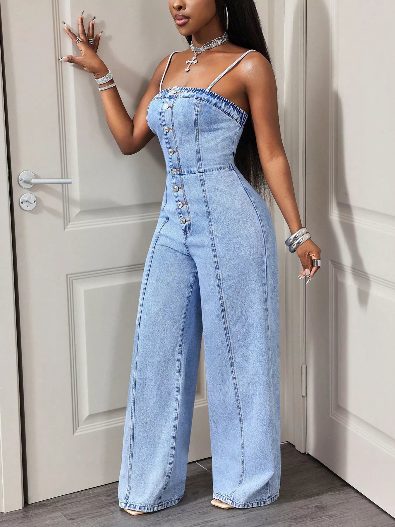 Light Wash Denim Jumpsuit with Button-Down Front and Wide Legs