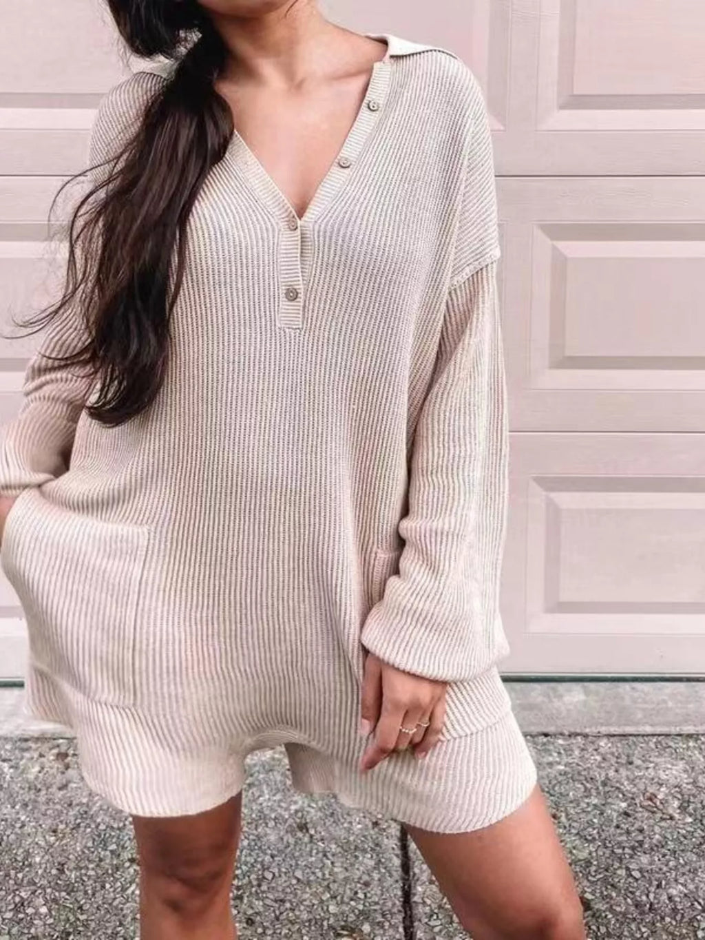 Women's Ribbed Knit Long Sleeve Romper with Pockets