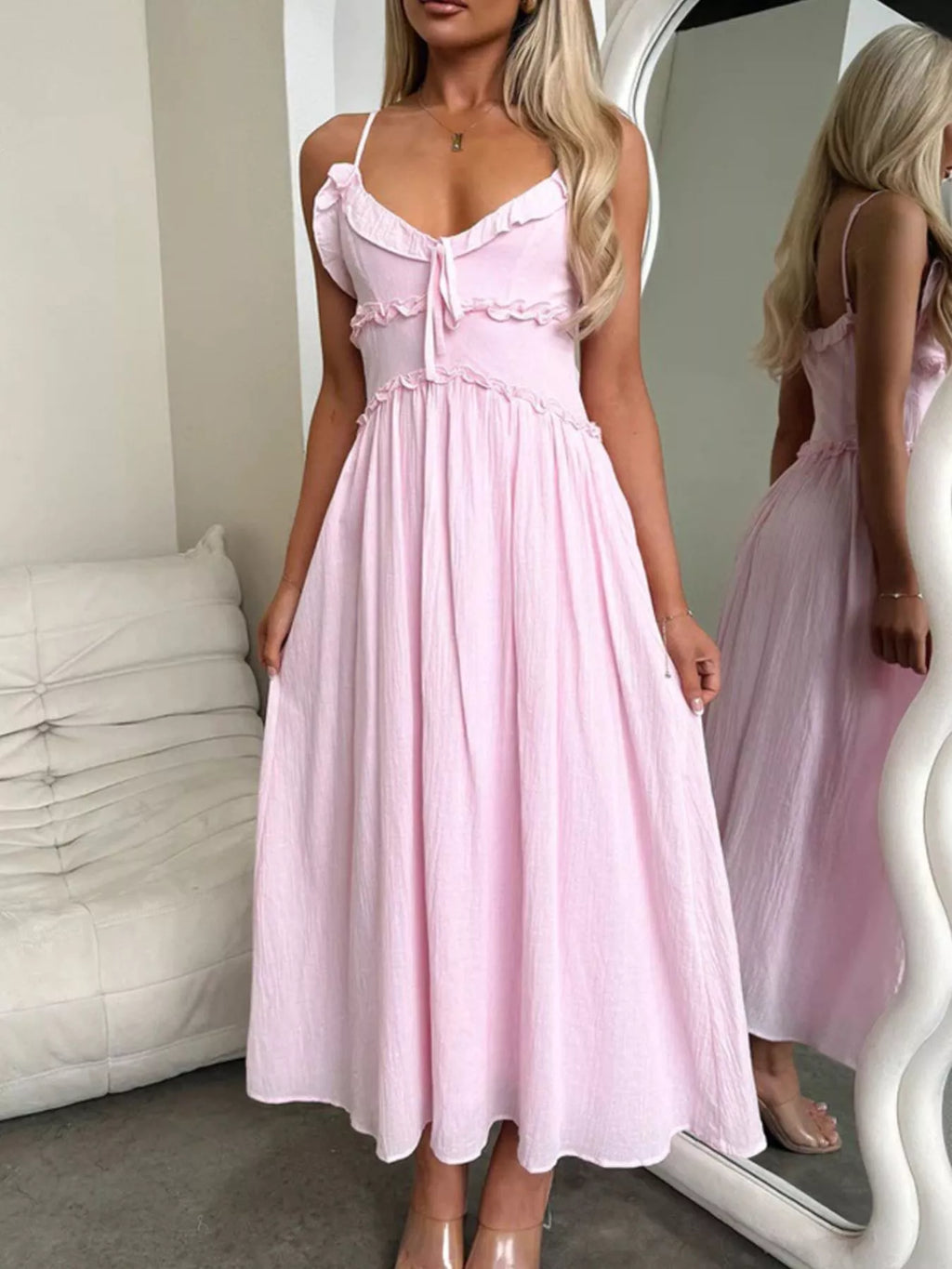 Light Pink Ruffled Spaghetti Strap Midi Dress