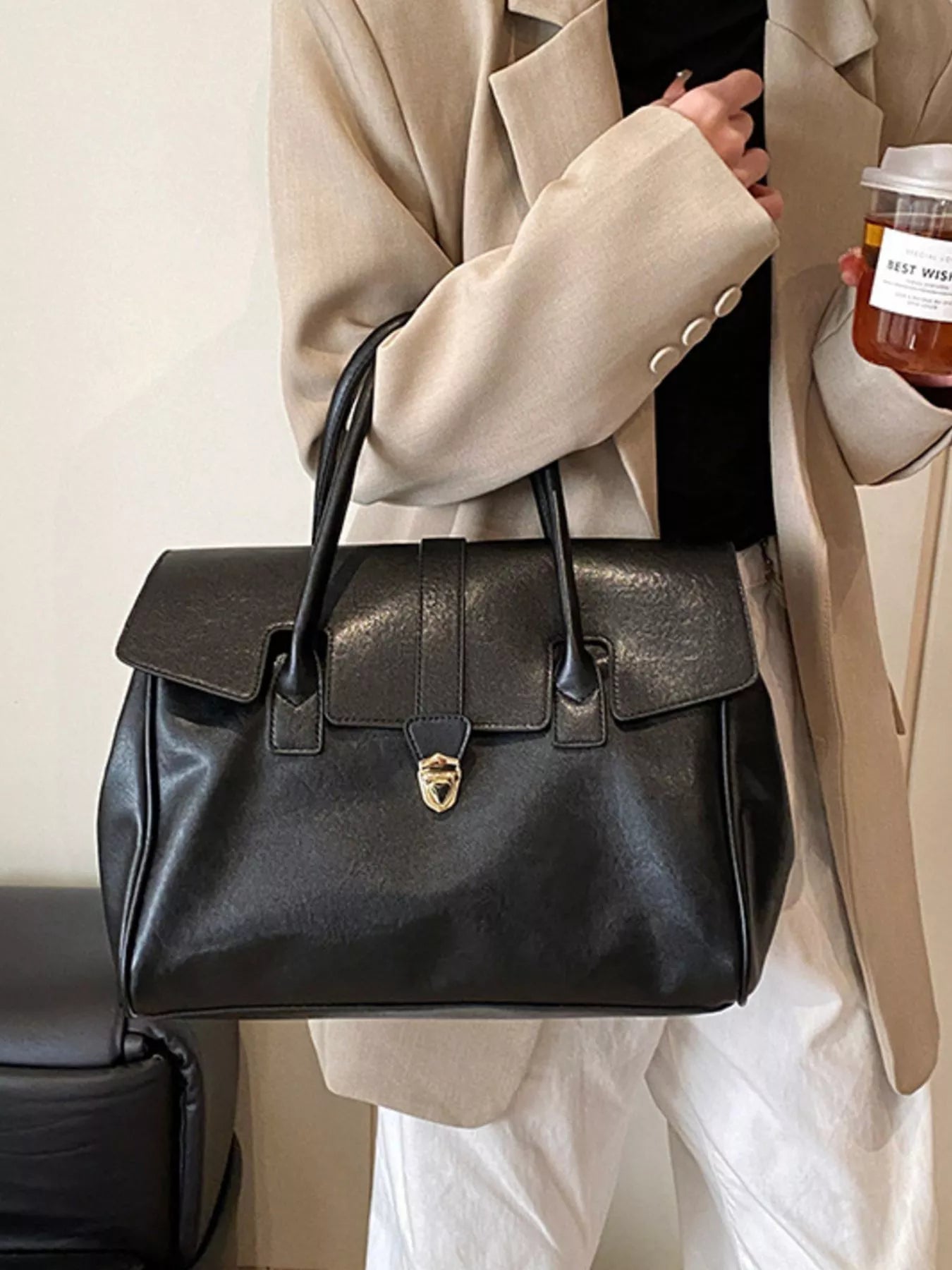 Large Black PU Leather Satchel Bag with Gold Tone Buckle Detail